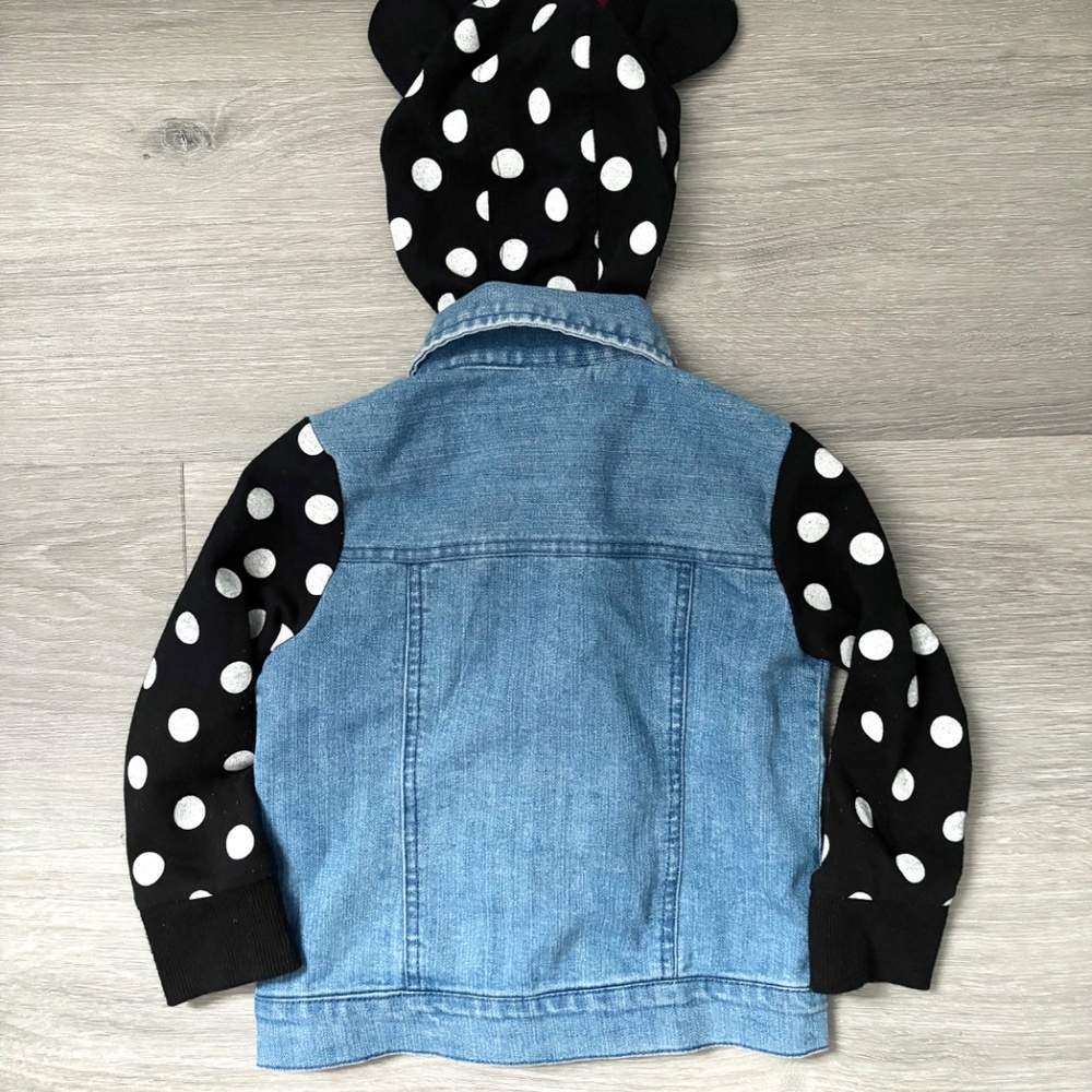 Disney Minnie Mouse Jean Denim Jacket White Polka Dots Minnie Ears Bow Hood 2T - Picture 11 of 11